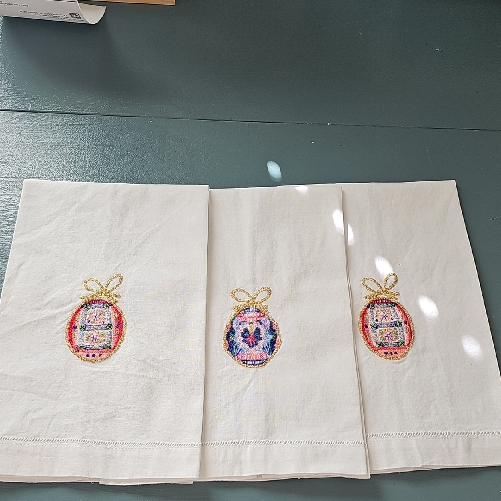 Embroidered White‎ Linen Towels  with Gold and Pink Accents.
